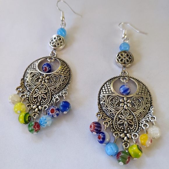 Colorful Rainbow Beaded Dangle Chandelier Earrings - Picture 2 of 4